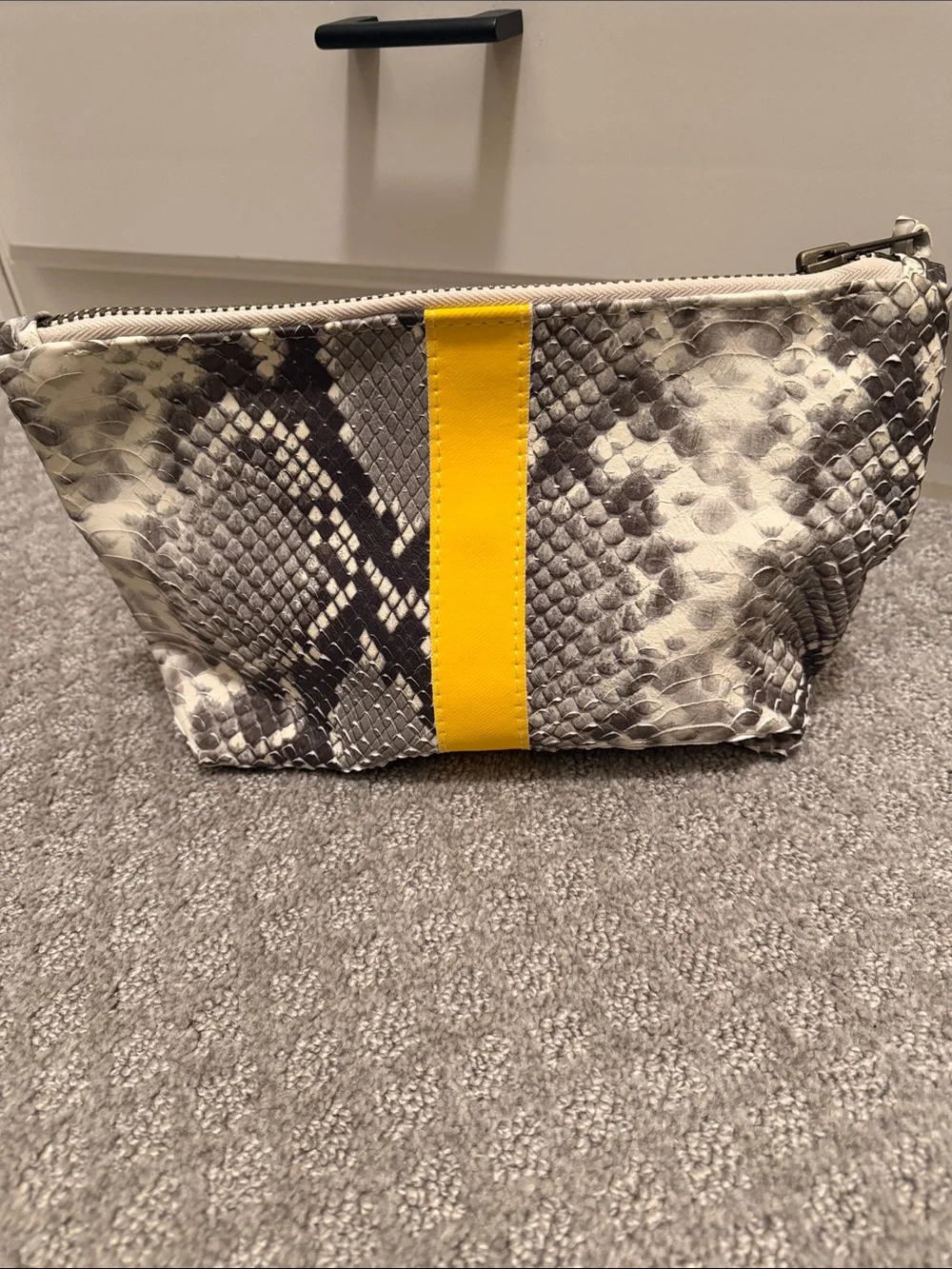Snake-Print Cosmetic Pouch with Yellow Stripe